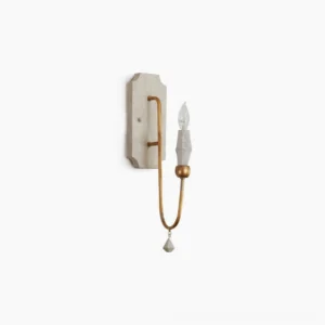 Rustic wood and bronze candle wall sconce, single-arm design with aged hardware against white background