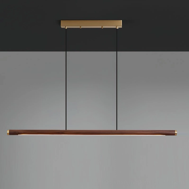 Sabine Large Linear Wood Pendant 49.2 inch walnut finish gold brass modern dining chandelier