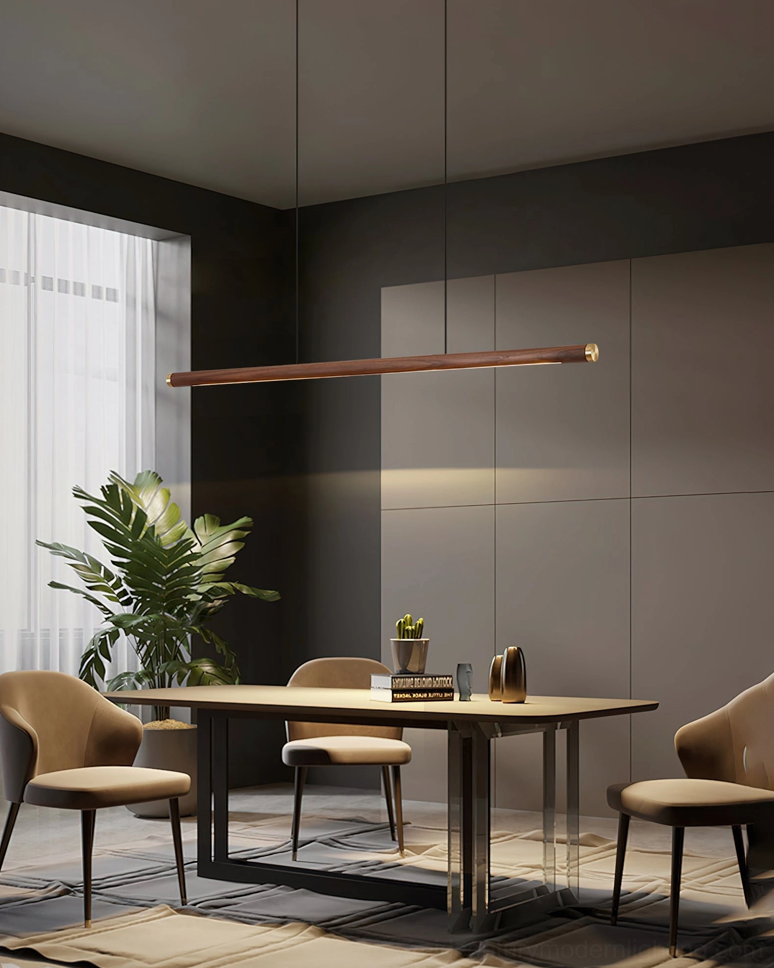 Sabine Linear Wood Chandelier in dark-toned modern dining room luxury minimalist interior design