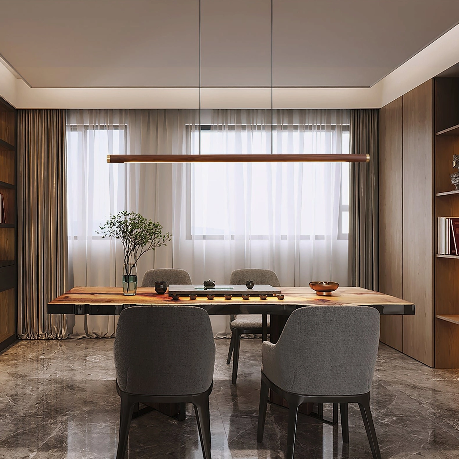 Sabine Linear Wood Chandelier in bright contemporary dining room with floor-to-ceiling windows
