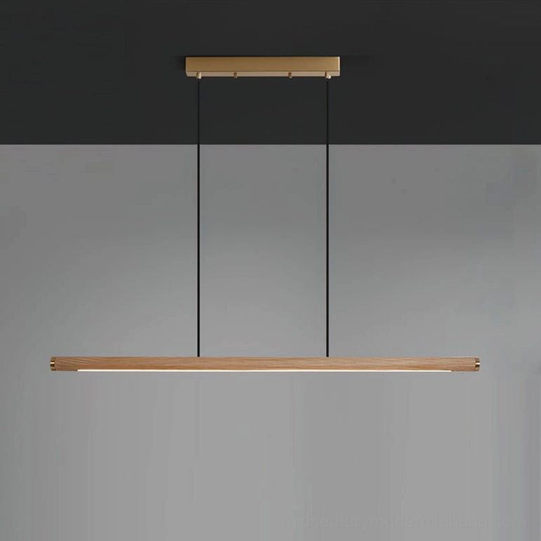 Sabine Linear Pendant Light medium size natural wood and gold brass contemporary dining pendant