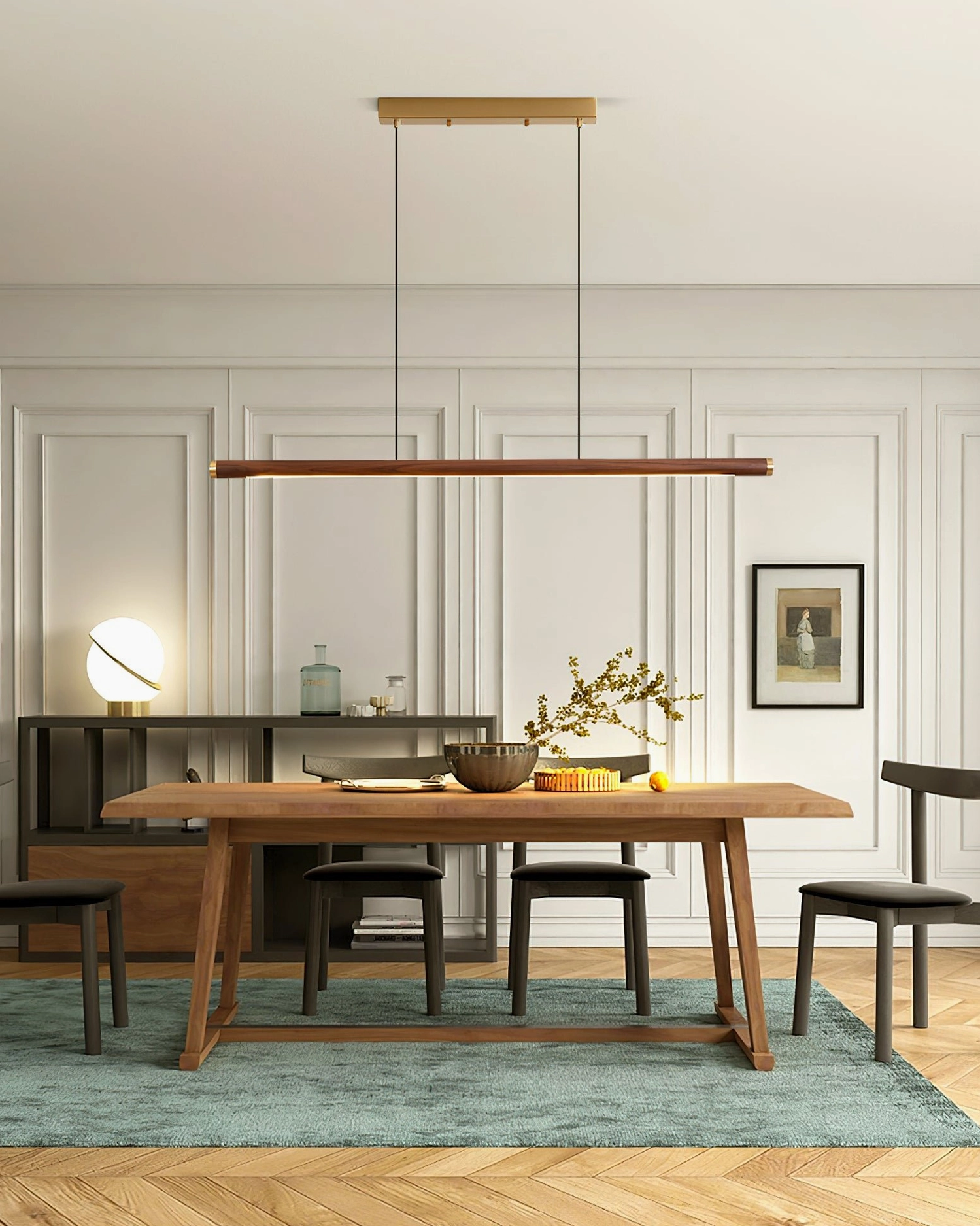 Sabine Pendant Light in classic paneled dining room neutral warm tone Scandinavian decor