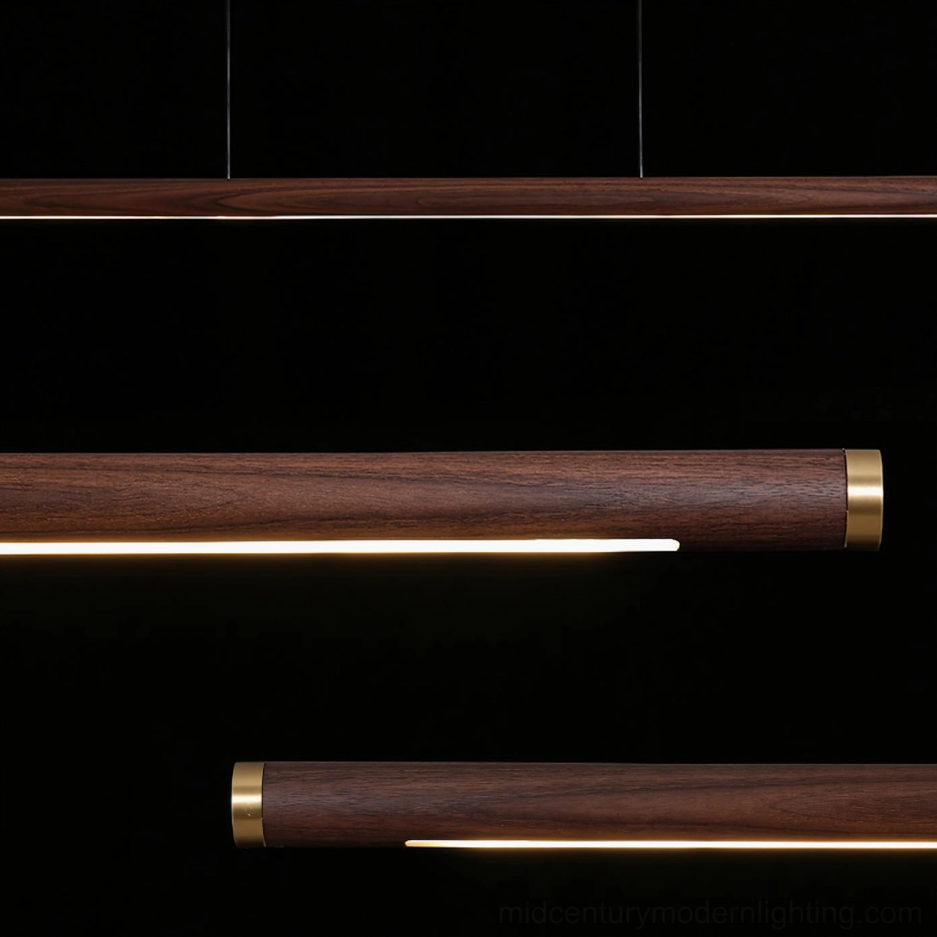 Sabine Linear Pendant Lamp detail view showing wood grain and brass suspension components