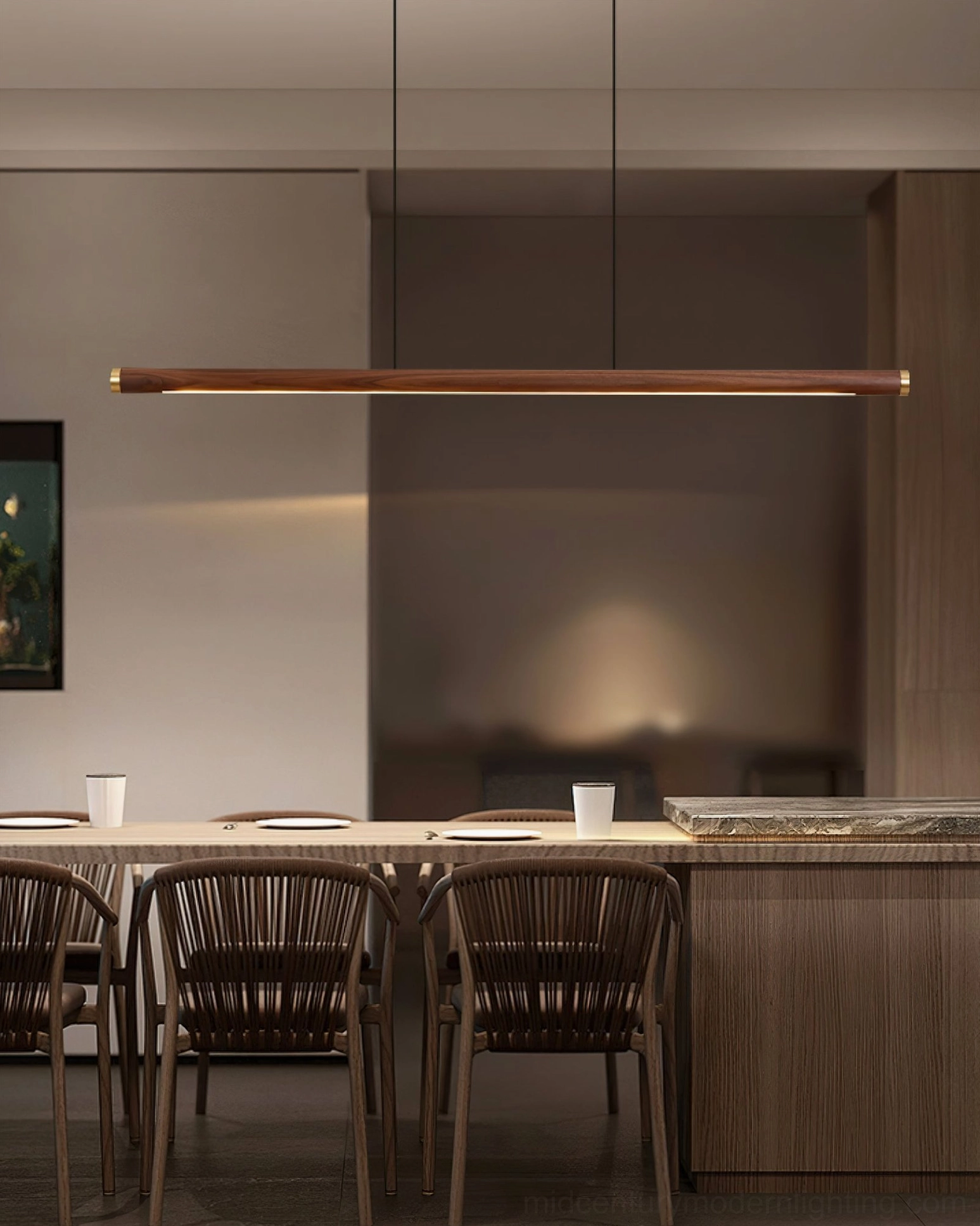 Sabine Linear Pendant Light over kitchen island with warm LED illumination contemporary kitchen style