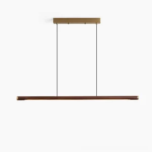 Sabine Linear Wood Chandelier minimalist pendant light - studio product view showing brass and wood beam design