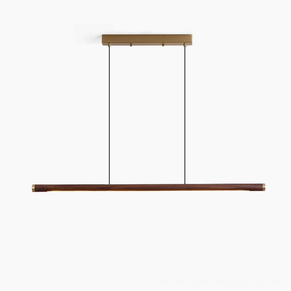 Sabine Linear Wood Chandelier minimalist pendant light - studio product view showing brass and wood beam design