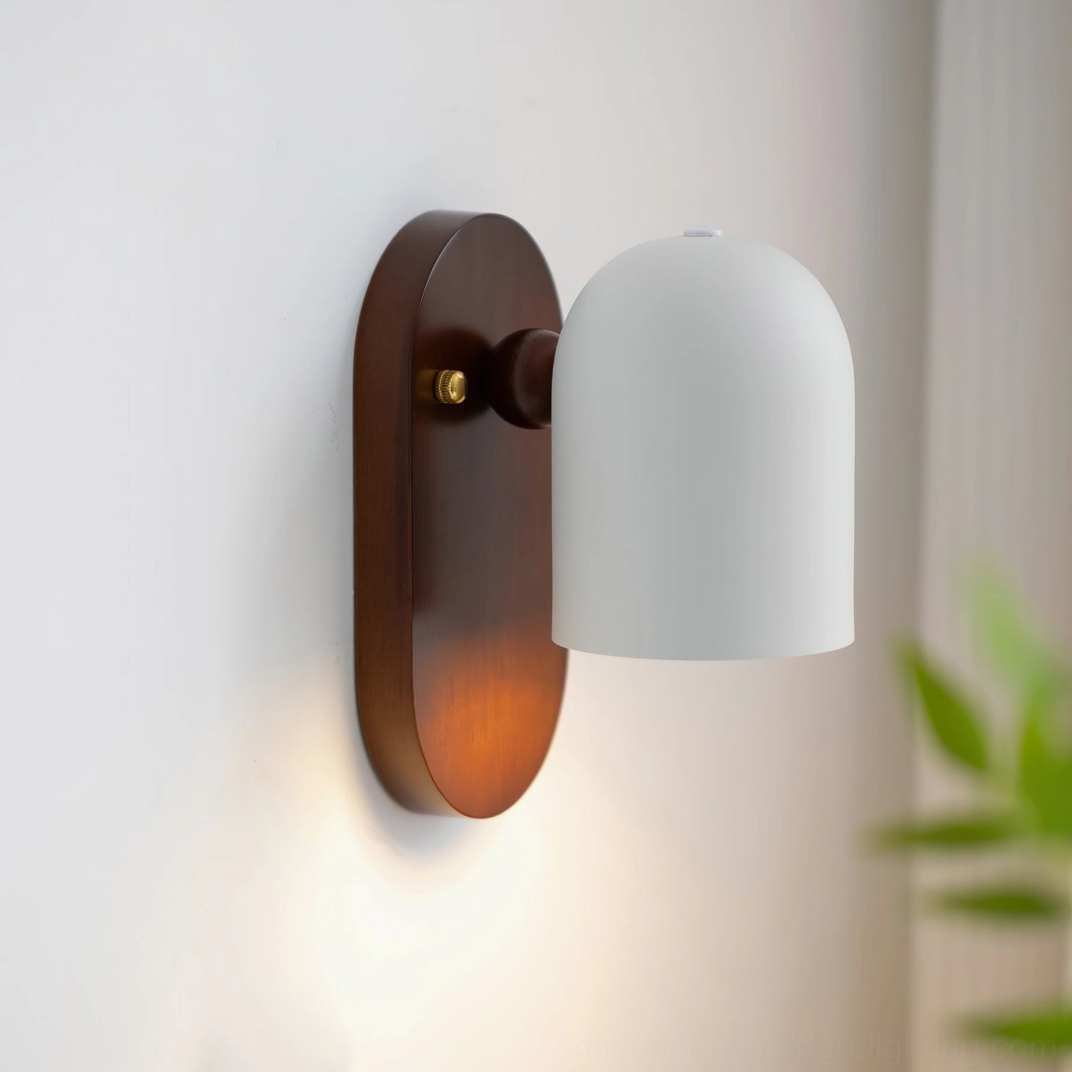 Sable wall lamp illuminated in living space with botanical greenery and warm ambient lighting