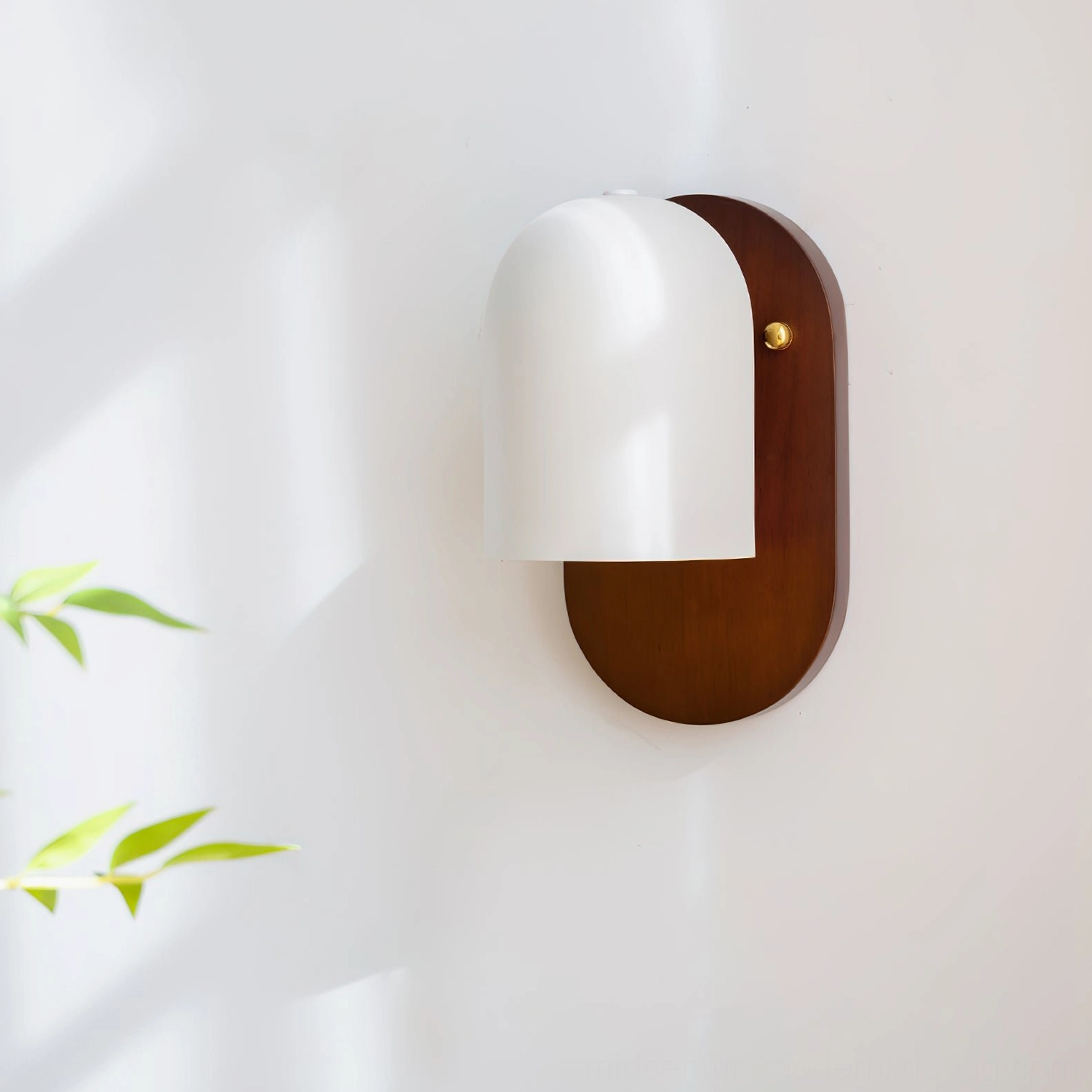 Sable wall sconce side view showing walnut wood grain details and matte white finish