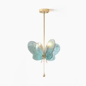 Sabrina Butterfly Pendant Lamp in blue marbled glass with brass gold frame, front studio view showing symmetric wing design
