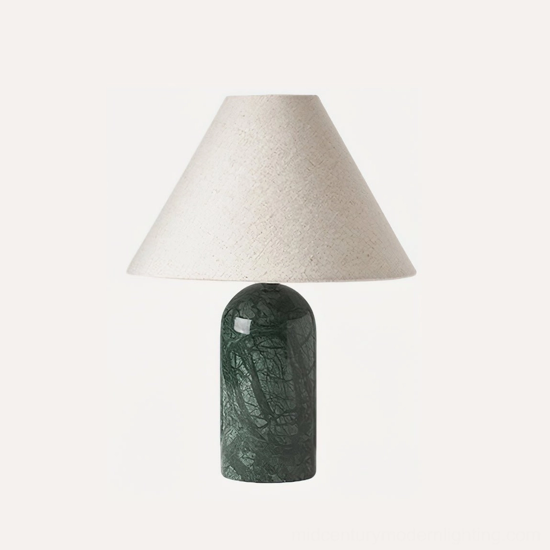 Green and beige Sacha marble table lamp, forest green cylindrical marble base with warm beige linen conical shade, Mid-Century Modern