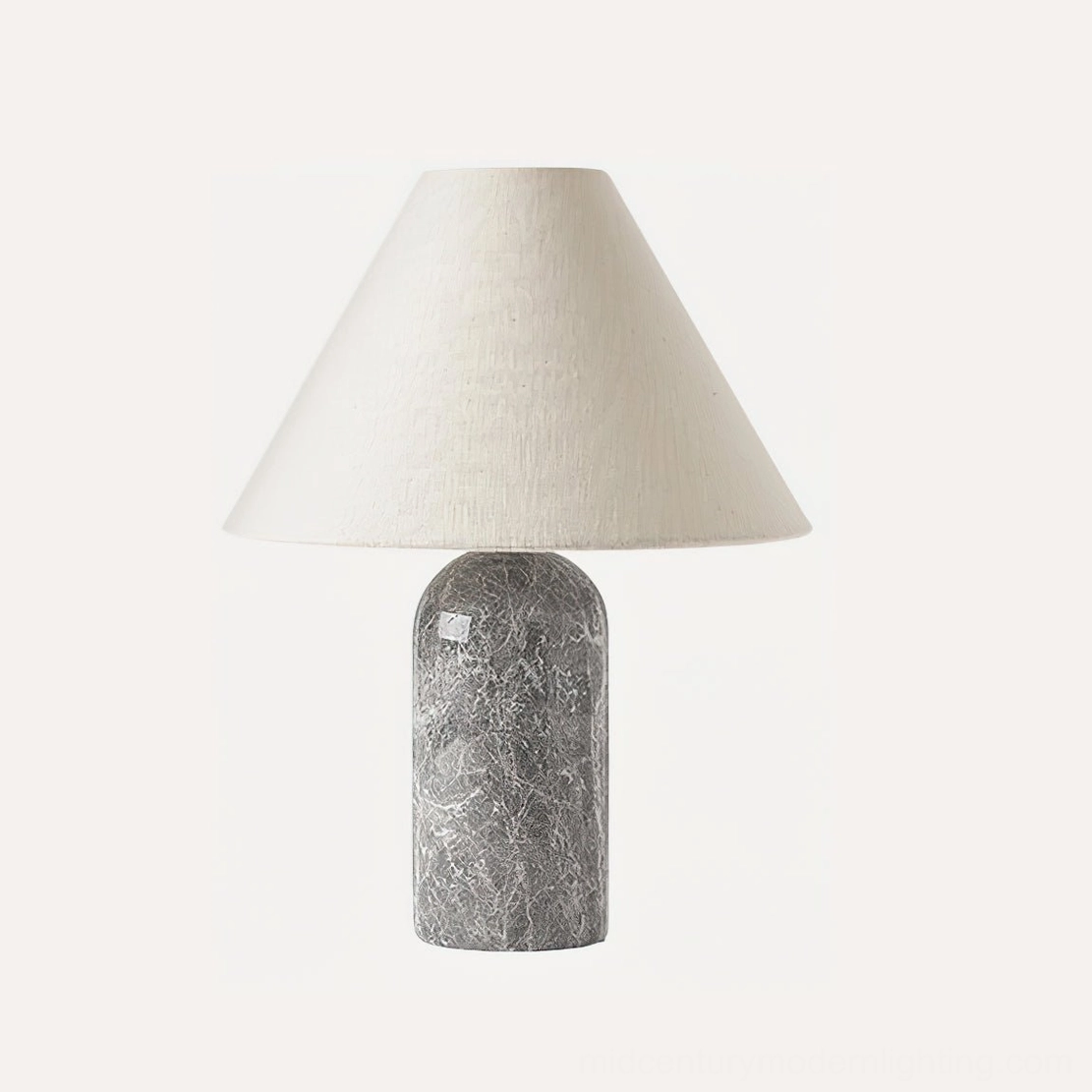 Grey and beige Sacha marble table lamp, grey speckled marble base with tan linen conical shade, neutral contemporary lighting