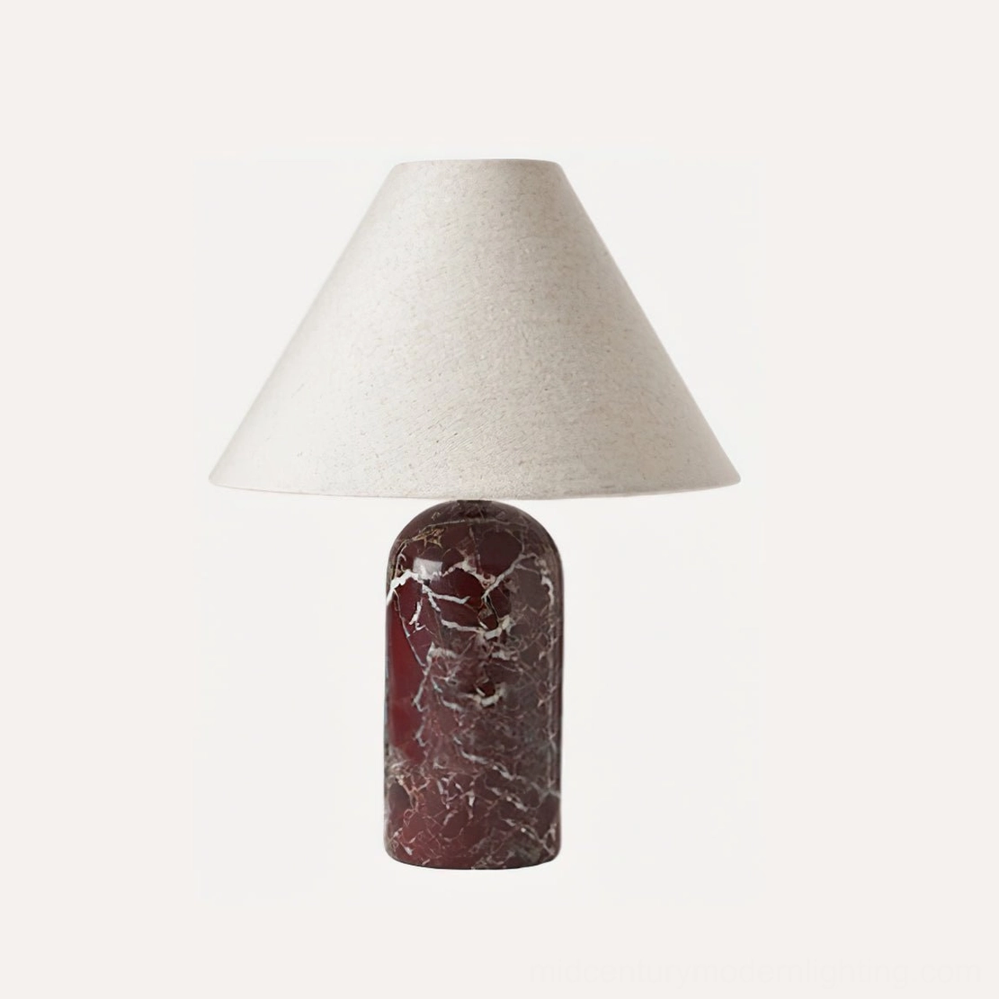 Sacha marble table lamp in white and beige colorway, cylindrical stone base with conical fabric shade, neutral modern design