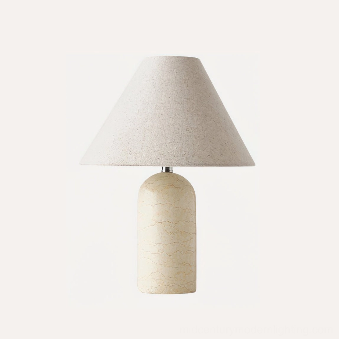 White and beige Sacha marble table lamp variant, off-white marble cylinder with soft beige textured fabric shade, contemporary minimalist