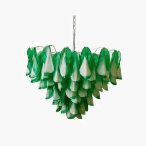Saddle Green tiered glass chandelier front view studio shot, mid-century modern pendant light with layered petal glass design