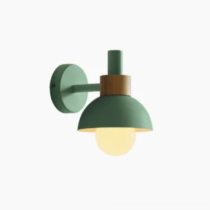 Sage green Scandinavian wall sconce with exposed bulb and wood accent, close-up detail shot