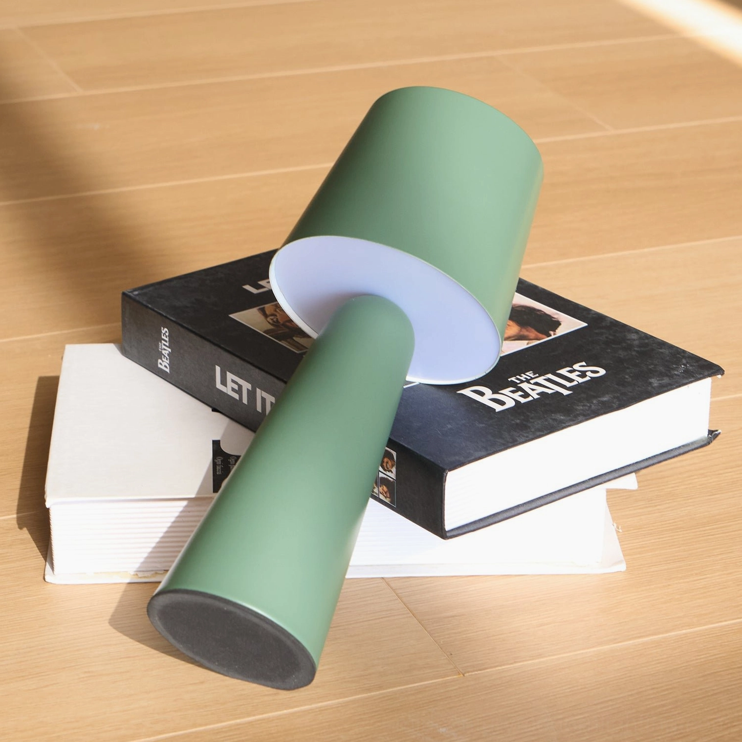 Sage green minimalist lamp overhead flat lay showing white interior shade and stable base