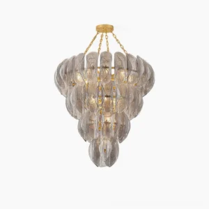 Salinger cascading glass chandelier studio product shot with tiered smoke gray glass panels and warm brushed gold frame on white background