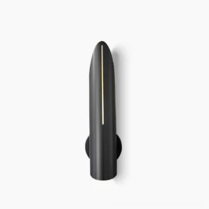 Pair of Salvatore matte black mid-century modern wall sconces with cylindrical metal arms on white studio background