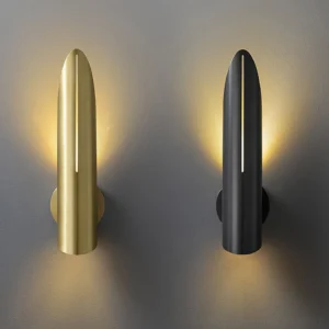 Salvatore brass and black wall sconces contemporary minimalist lighting fixtures on grey studio wall