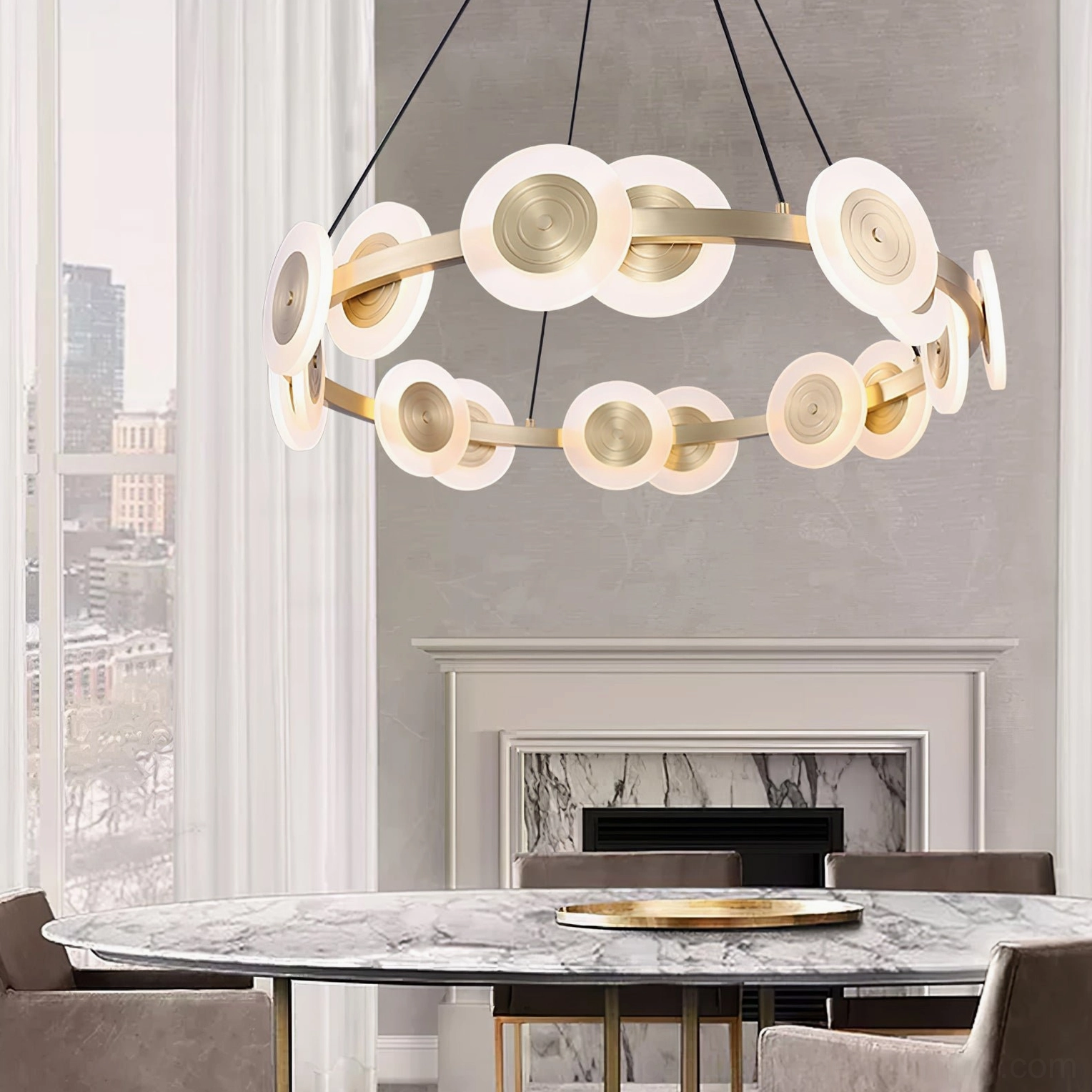 Samiya chandelier assembled product, gold brass finish, frosted white acrylic shades, ready to install