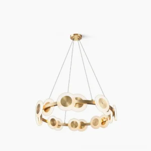 Samiya modern brass ring chandelier with frosted acrylic demilune shades, gold finish, isolated white background