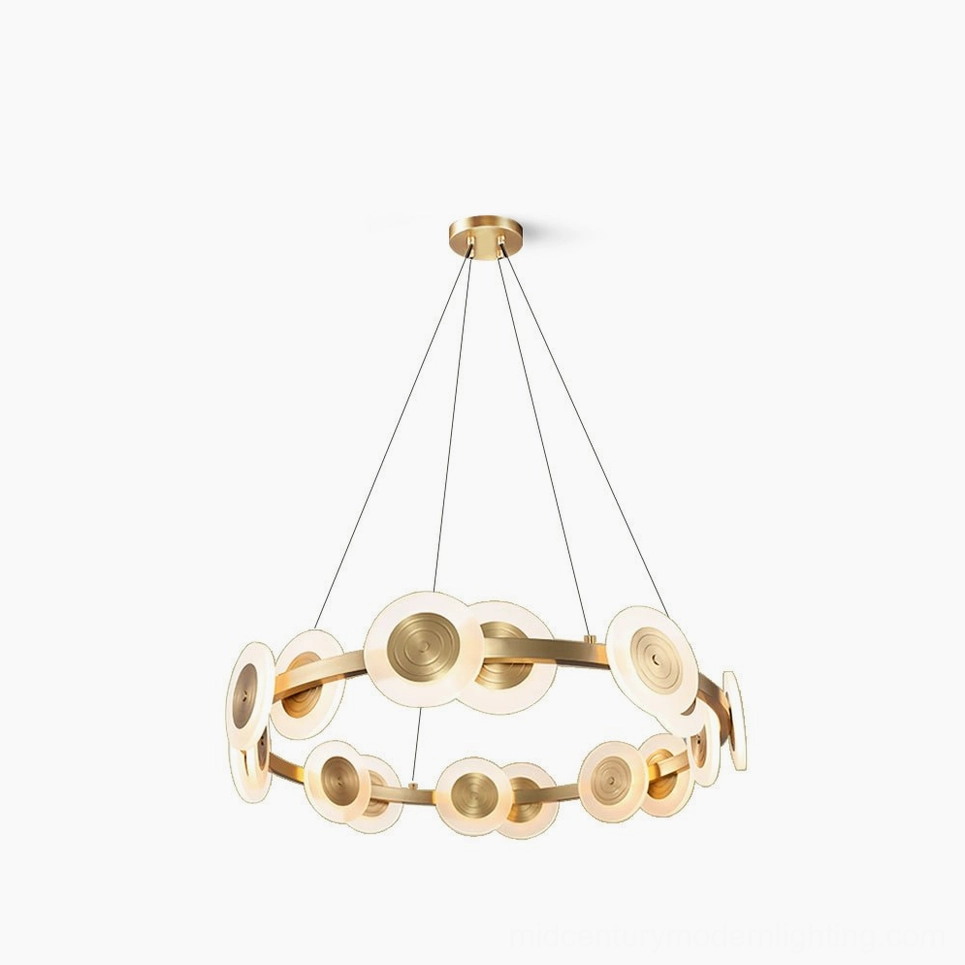 Samiya modern brass ring chandelier with frosted acrylic demilune shades, gold finish, isolated white background