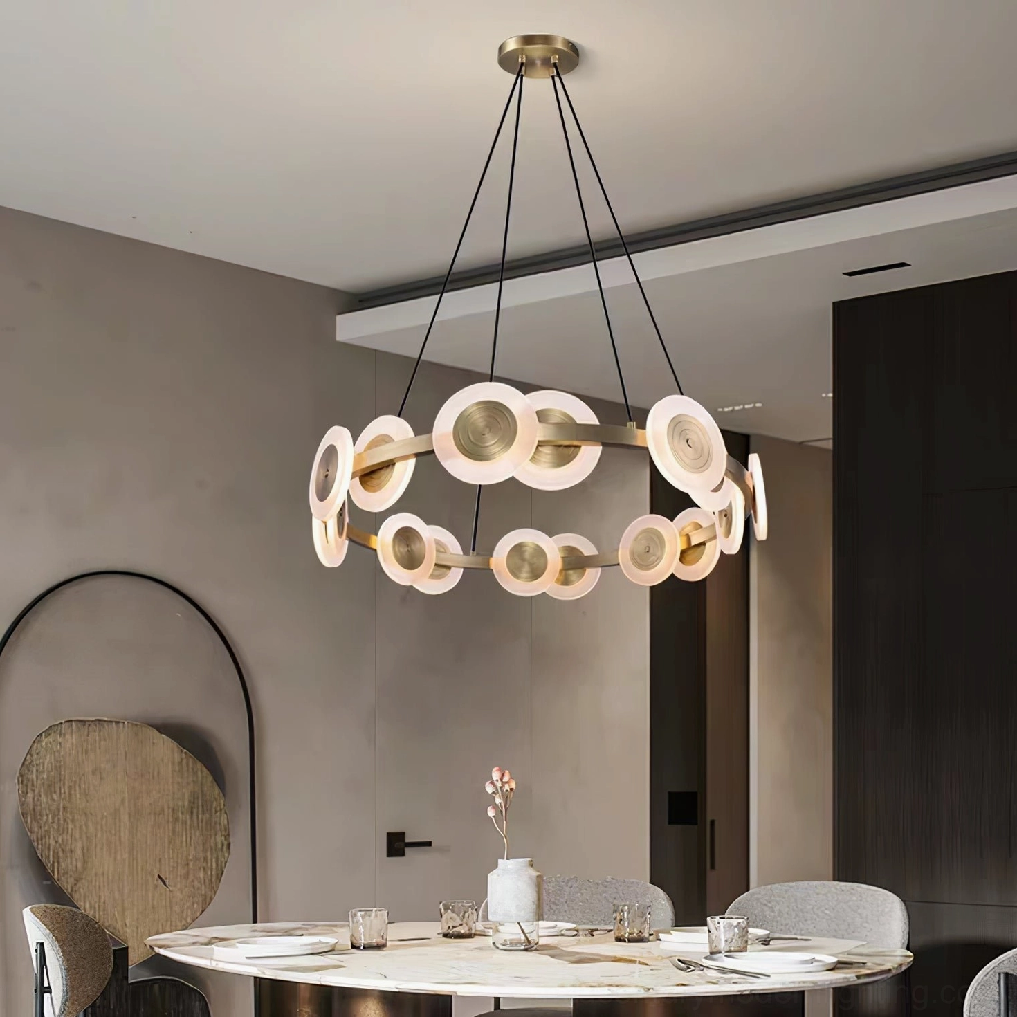 Samiya brass chandelier installation view, ceiling mounted suspension, professional lighting fixture