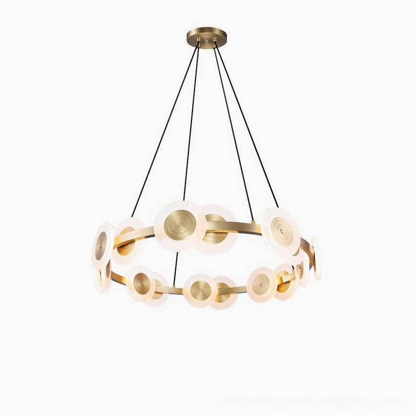 Samiya brass and acrylic chandelier, demilune shade design, mid-century modern pendant light