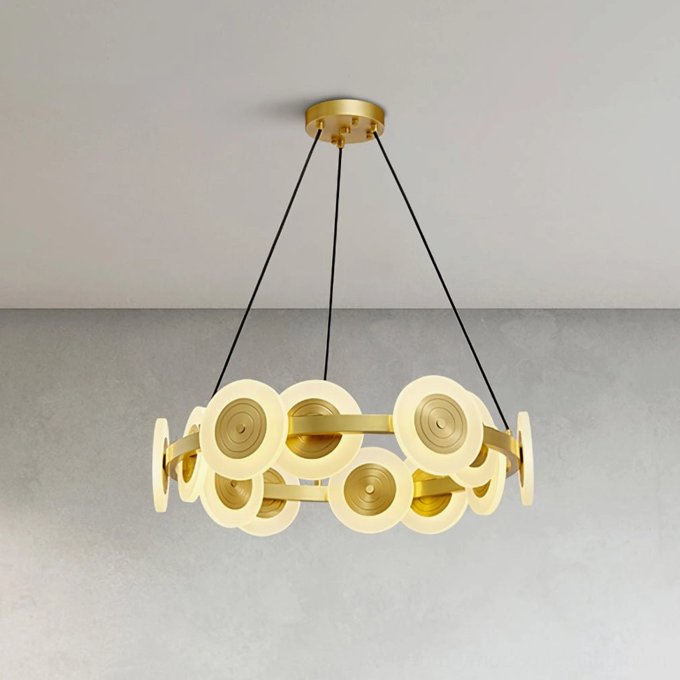 Samiya LED ring chandelier frontal hanging view, clean modern luxury design, grey studio background