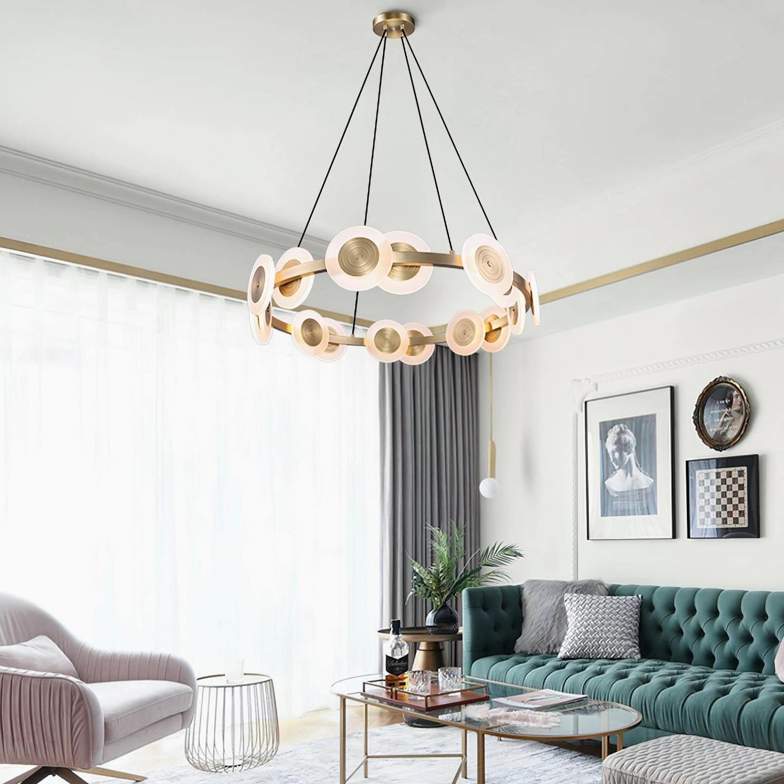 Samiya brass ring pendant, elegant geometric design, frosted acrylic diffuser, luxury home lighting