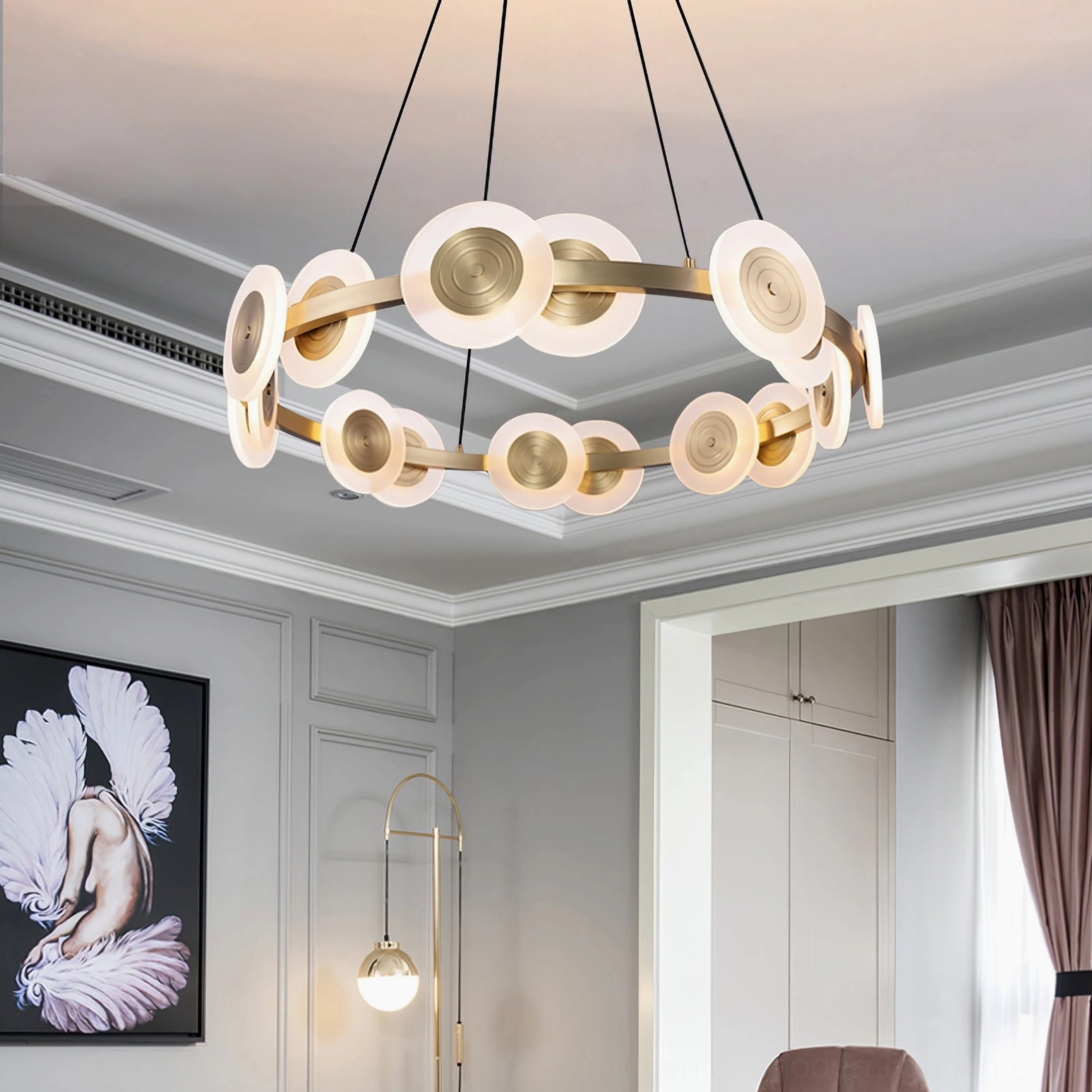 Samiya modern ring chandelier, 45.6 inch large size, gold brass finish, contemporary pendant lighting