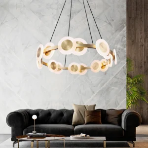 Samiya LED chandelier suspended in modern luxury living room with dark sofa, warm ambient lighting