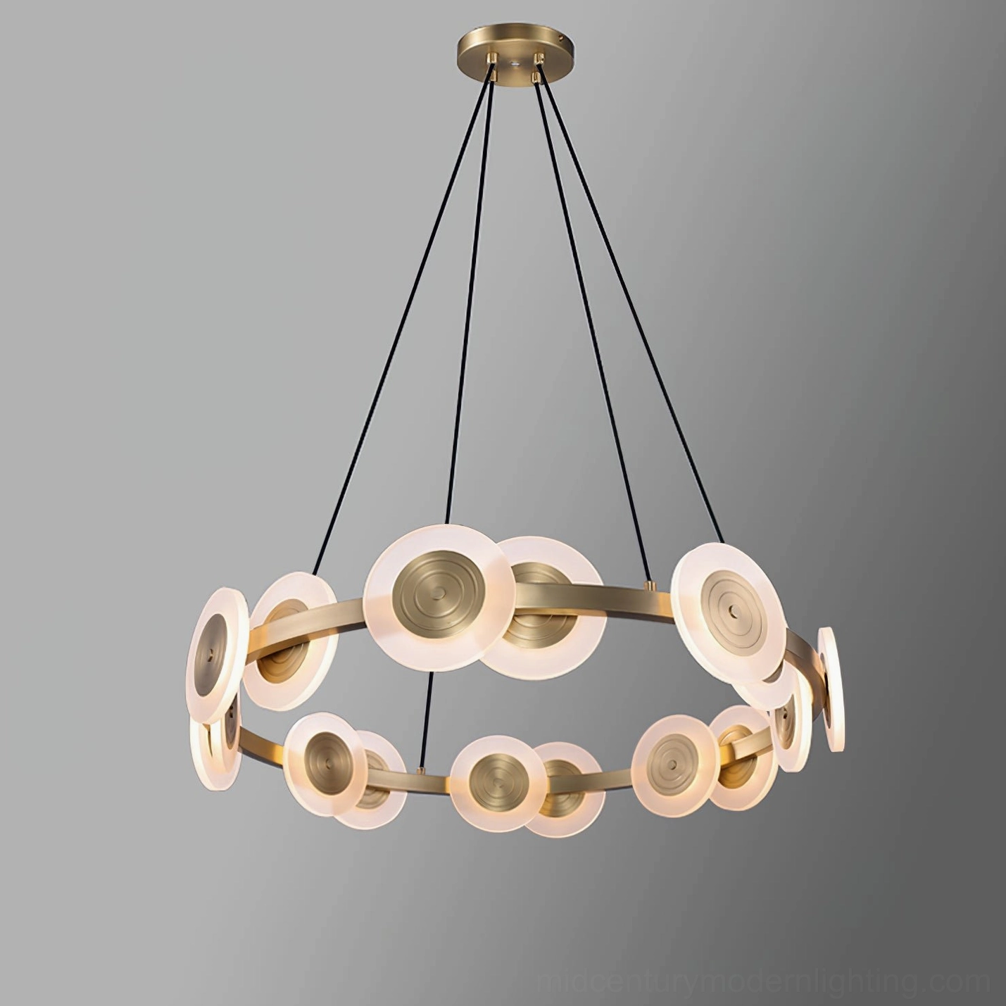 Samiya ring chandelier 36.2 inch medium size, demilune shades, brass and acrylic construction