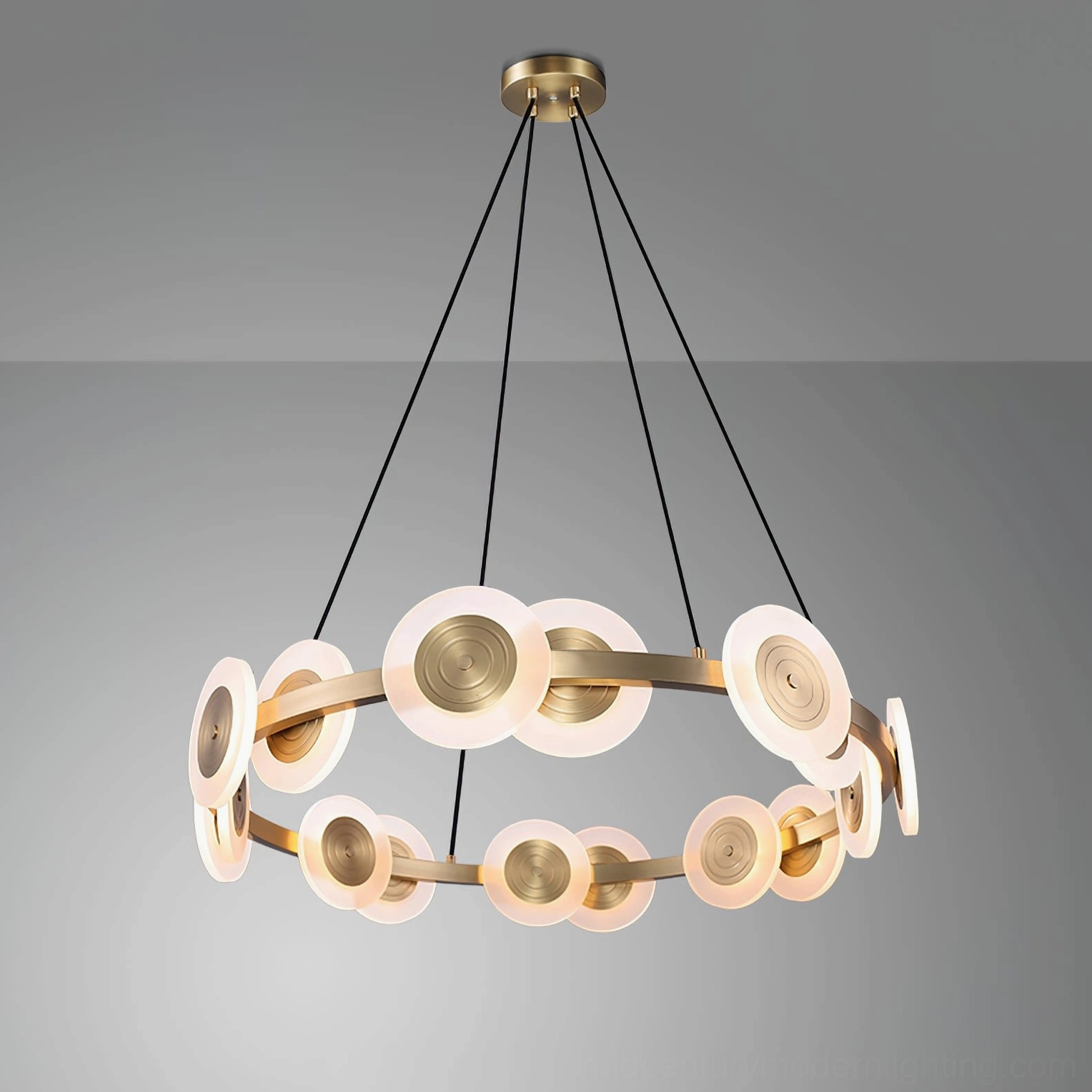 Samiya ring pendant chandelier three-quarter view, matte brass finish, grey background