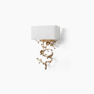 Sanremo brass wall sconce with sculptural branch design and white fabric shade, frontal studio view showing hand-crafted metal frame details