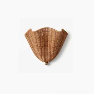 Sarasota handwoven rattan wall sconce with scalloped design in natural brown, front view on white background