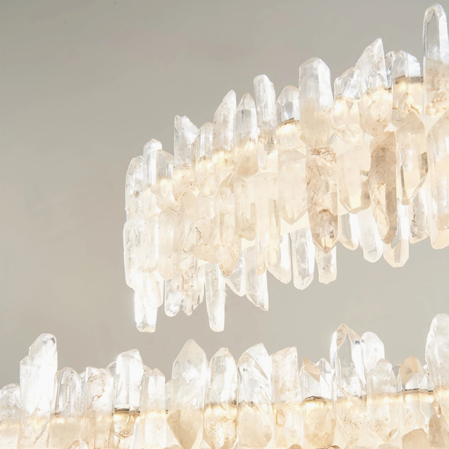 Sarella Square Chandelier linear raw crystal stone detail showing dense cluster configuration and warm glow