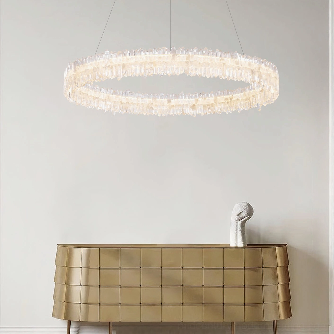 Sarella round crystal chandelier in neoclassical entryway with gold grid cabinetry and luxury interior design
