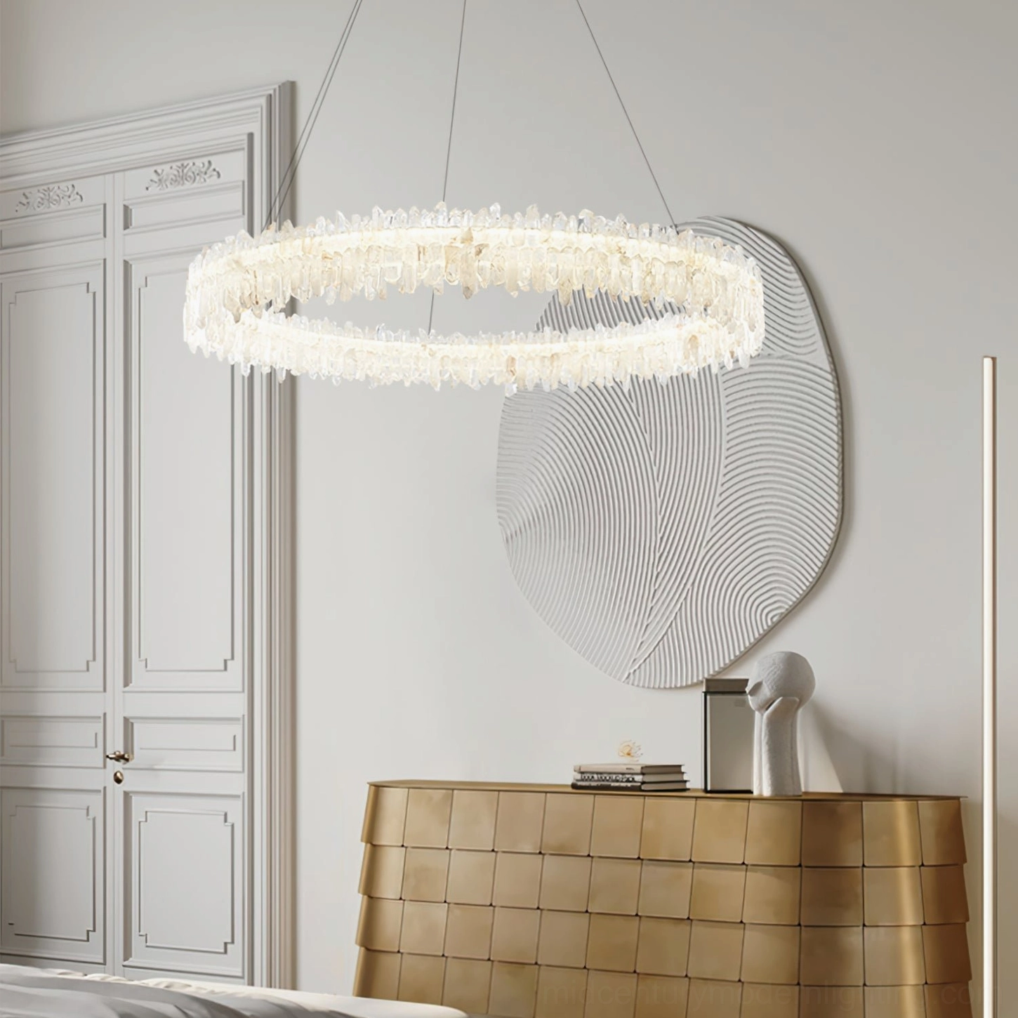 Sarella round chandelier installed in neoclassical entryway with elegant ambient lighting and crystal refraction
