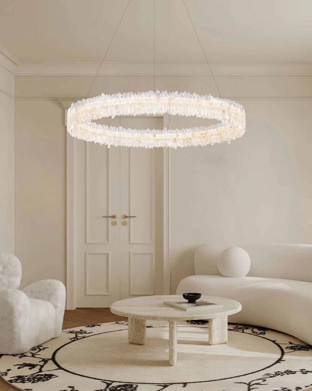Sarella round chandelier in cozy modern living room creating soft neutral warm luxury ambient lighting atmosphere