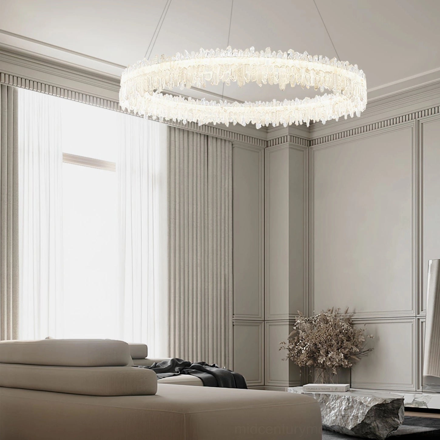 Sarella round pendant chandelier in formal modern living room with warm neutral interior design and crystal glow