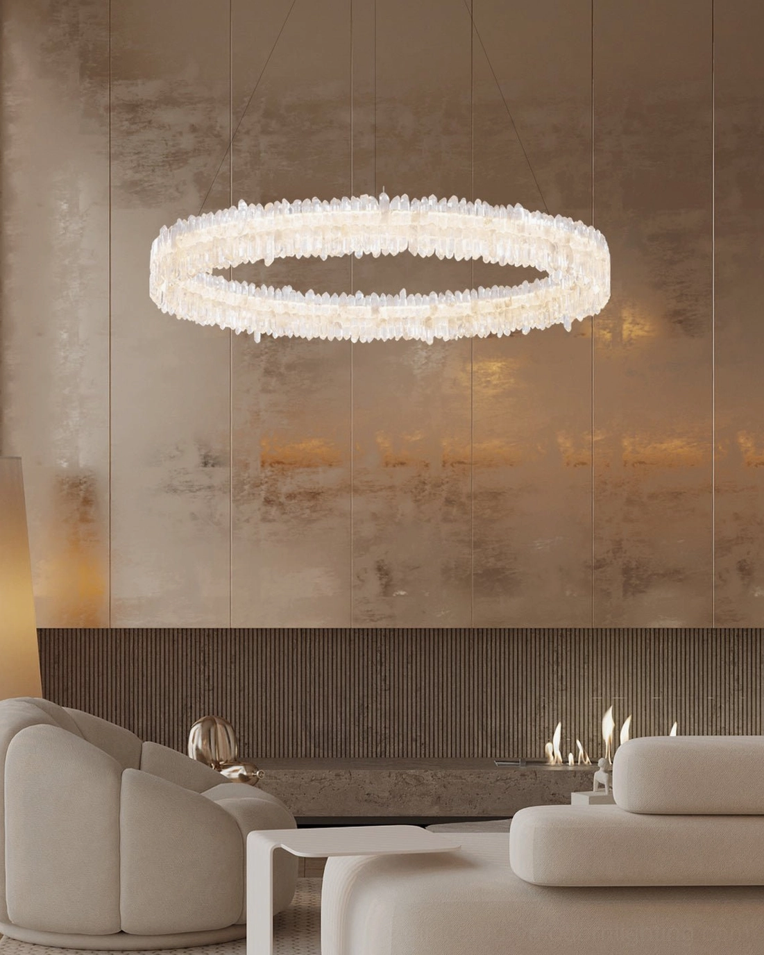 Sarella rose gold round chandelier in modern living room with accent wall and warm luxury home styling