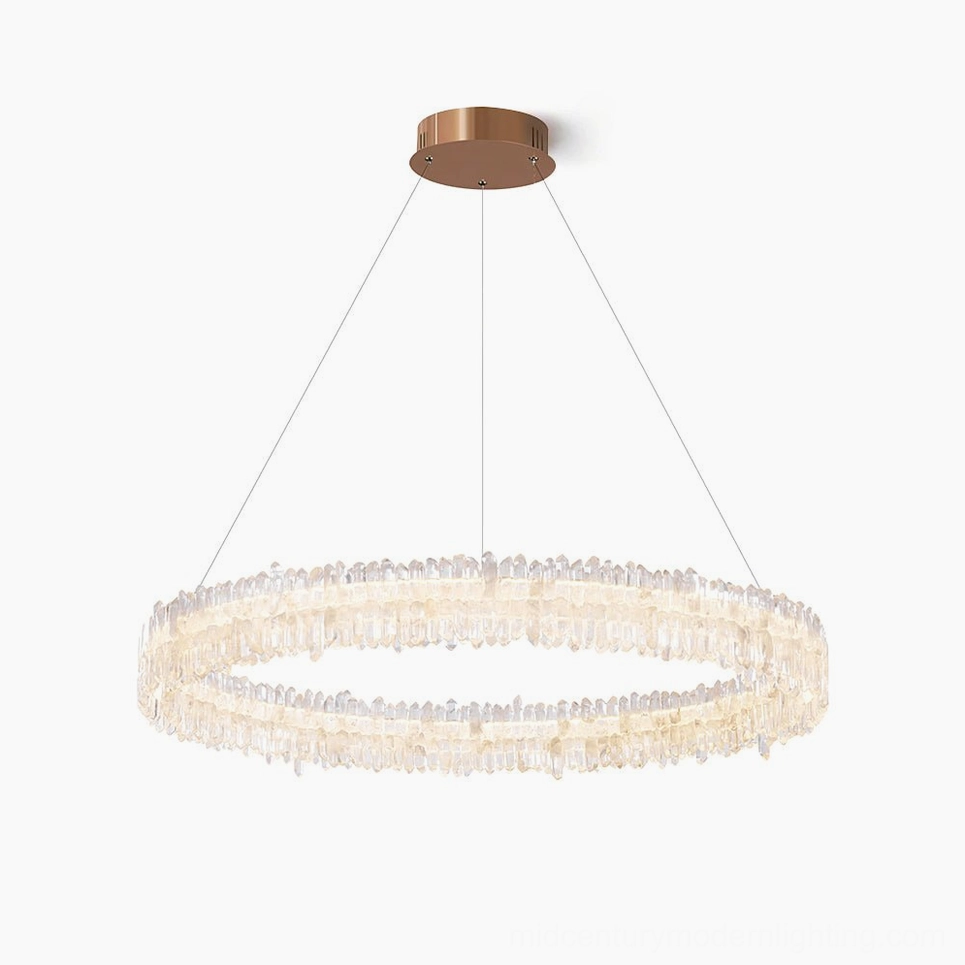 Sarella rose gold crystal round chandelier front view studio lighting showcasing pendant design and crystal stone details