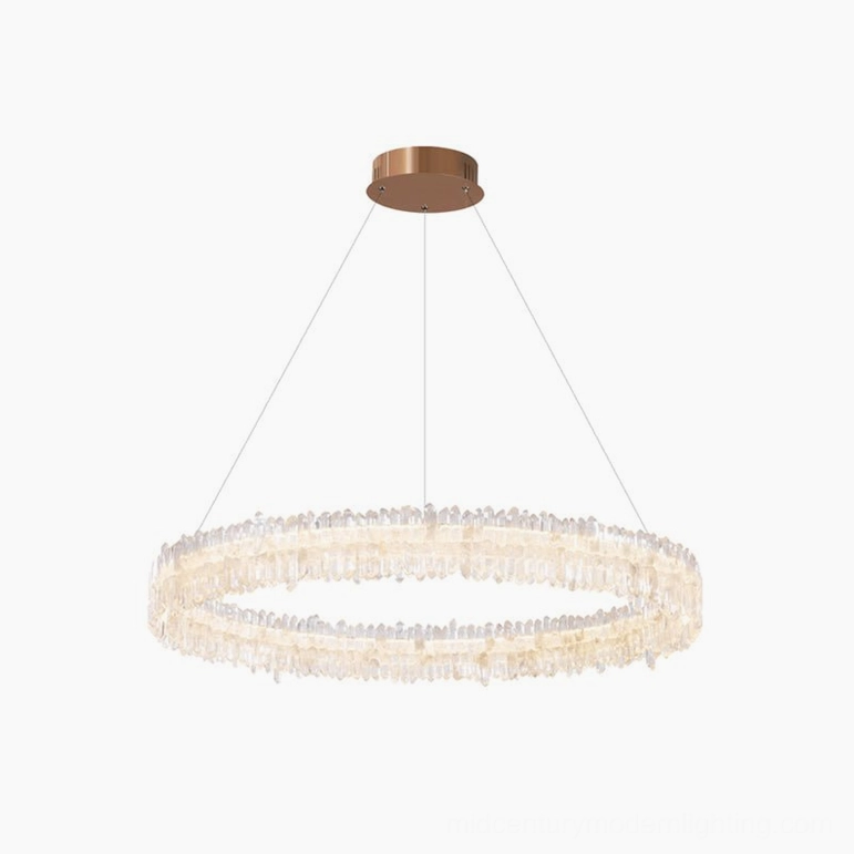 Sarella rose gold crystal round chandelier multiple angle view showing elegant geometric pendant design
