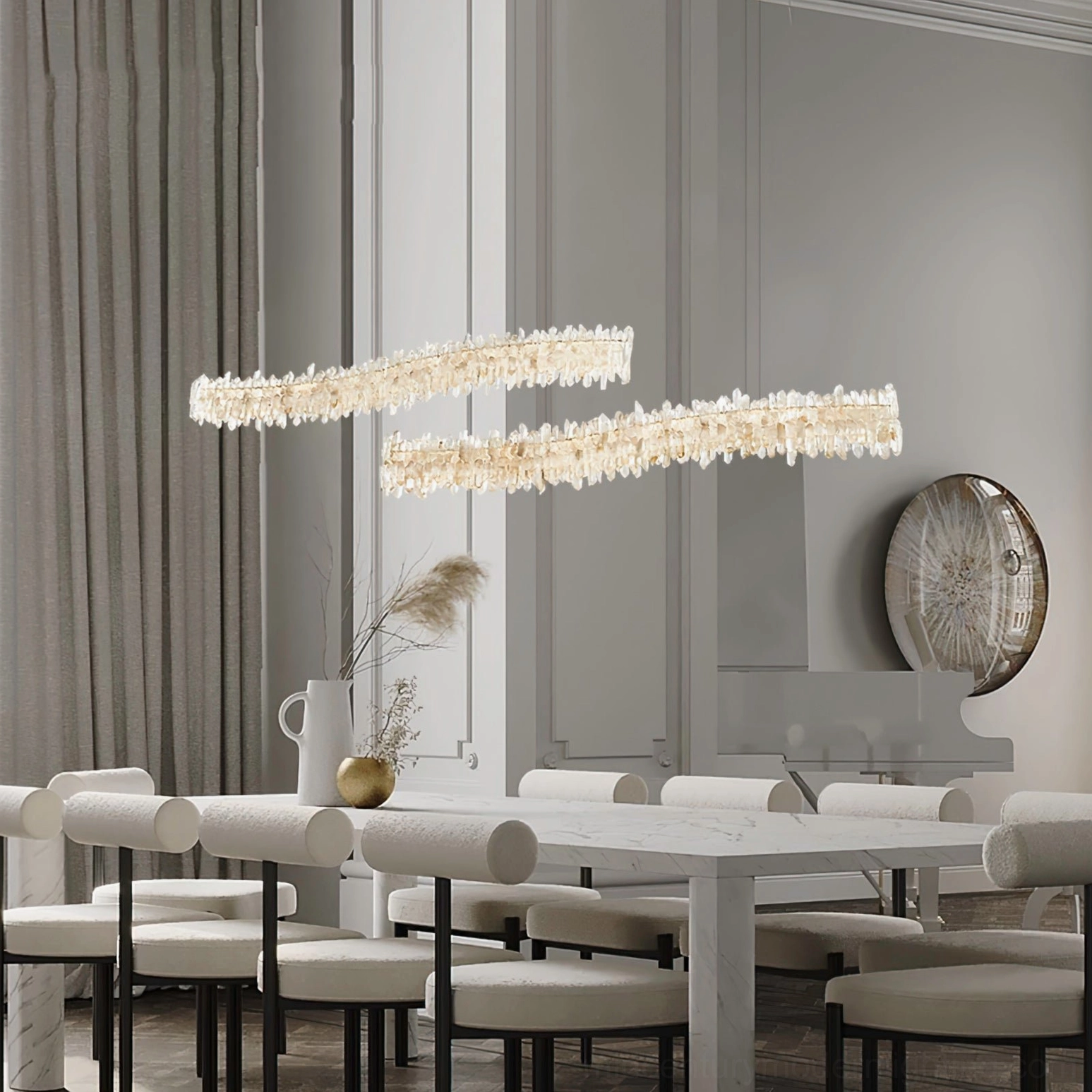 Sarella Square Chandelier installed in modern dining room with warm LED crystal lighting over dining table