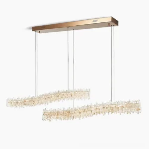 Sarella Square Crystal Chandelier front view rose gold stainless steel frame with raw crystal stone clusters