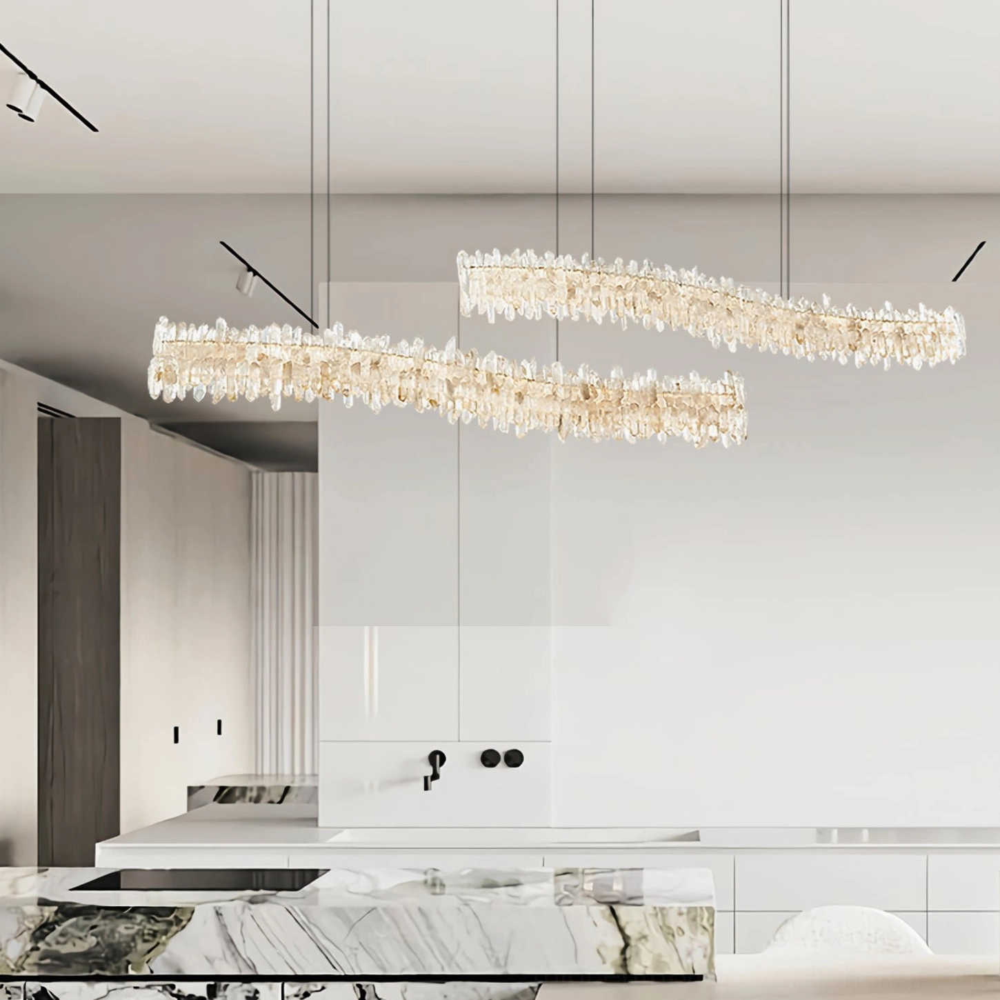 Sarella Square Crystal Chandelier in contemporary white kitchen above island with minimalist cabinetry