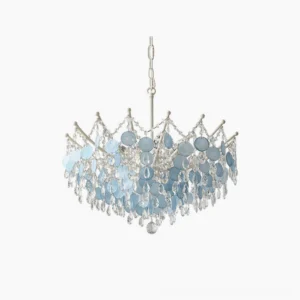 Sasha Capiz Bead Chandelier in white frame with blue shell discs, overhead front view against plain white background, romantic coastal design