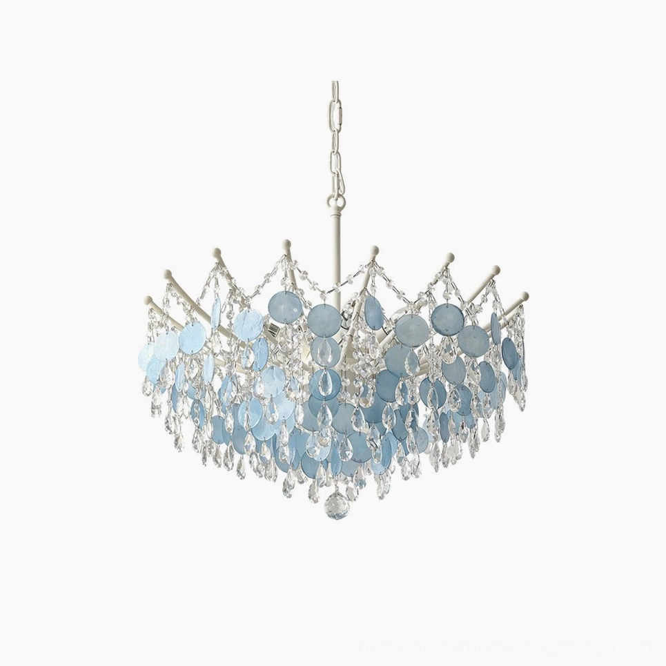 Sasha Capiz Bead Chandelier in white frame with blue shell discs, overhead front view against plain white background, romantic coastal design