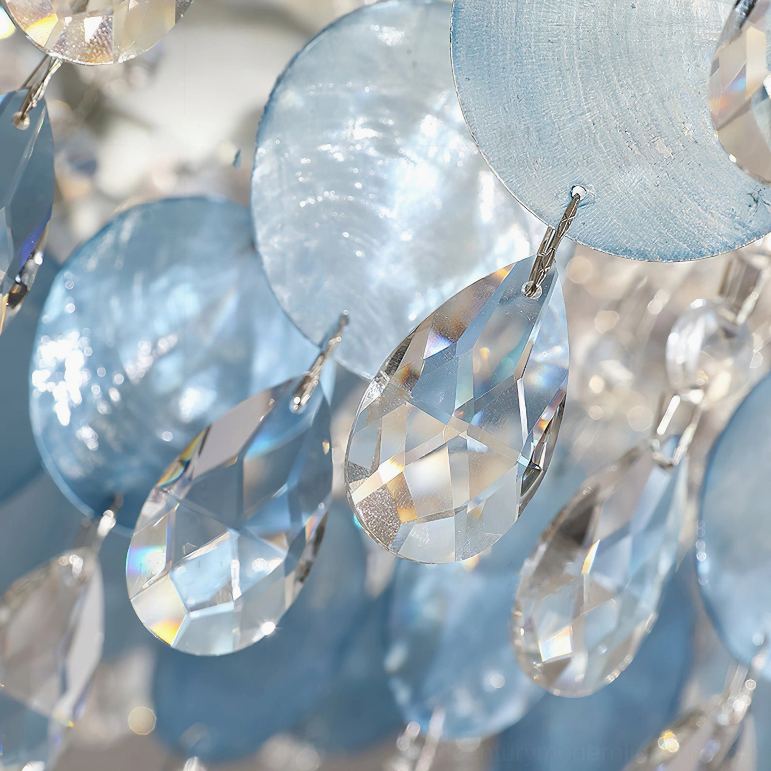 Sasha Capiz Bead Chandelier installation detail, showing ceiling canopy mount, adjustable chain, and fixture geometry